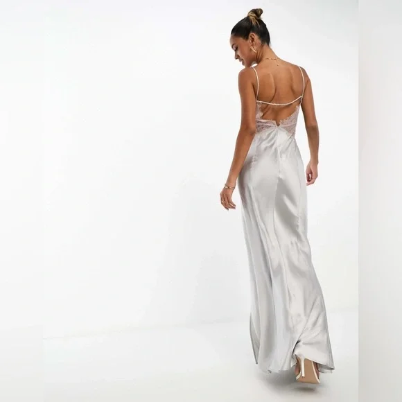 ASOS Design Silver Satin Maxi Dress Lace Back Cutout Slit Size Small 4 - Picture 3 of 10